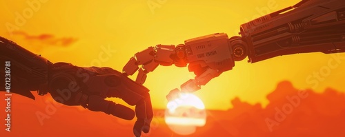  An orange sunset provides the backdrop for a handshake between human and robot photo