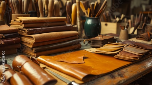 The image shows a leather workshop filled with various types of leather materials, tools, and workstations where artisans craft leather products.