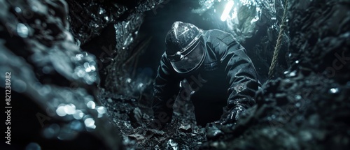 The image shows a person in a dark cave. photo
