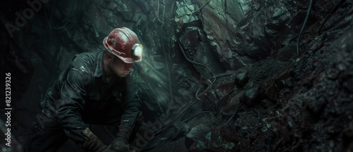 A miner working in a dark mine. photo