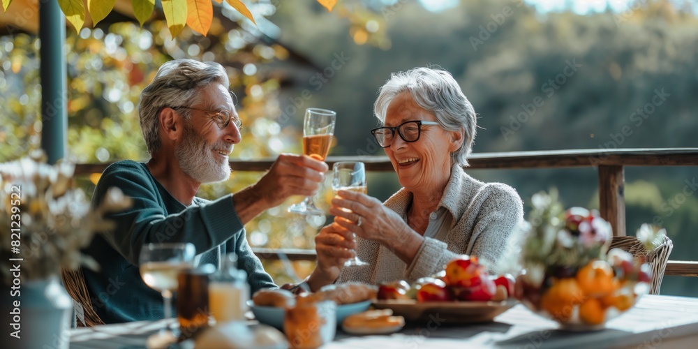 An elderly couple with blurred faces toasts drinks on a patio surrounded by autumn foliage An elderly couple with blurred faces toasts drinks on a patio surrounded by autumn foliage
