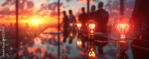 one of light bulbs on the table in front of business people at sunset  blurred background  office with panoramic windows and city view