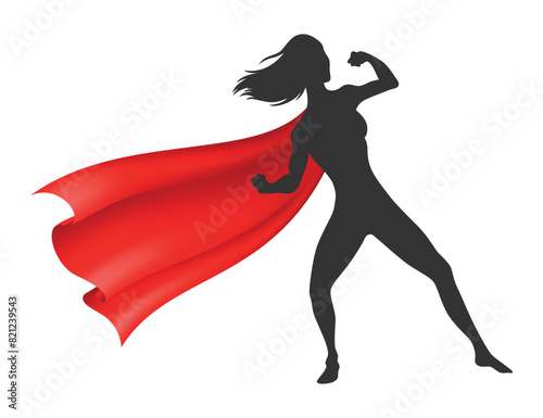 Woman superhero silhouette with scarlet fabric silk cloak. Mantle costume or cover cartoon vector illustration