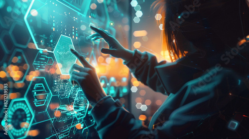 Render a captivating HUD concept featuring interactive hexagonal graphics, showcasing the potential and immersive nature of future digital experiences.