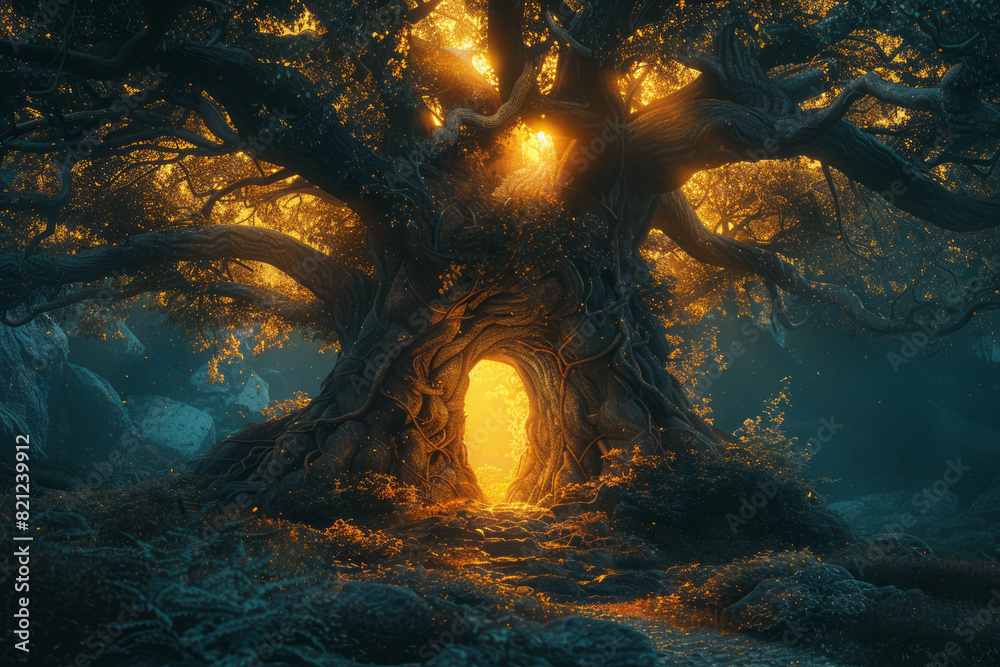 The World Tree with portals embedded in its trunk, each leading to a different realm or dimension within the universe,