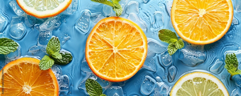 Bright orange and lemon slices with mint leaves on blue water background, top view. Flat lay. Summer concept Bright orange and lemon slices with mint leaves on blue water background, top view. Flat lay. Summer concept