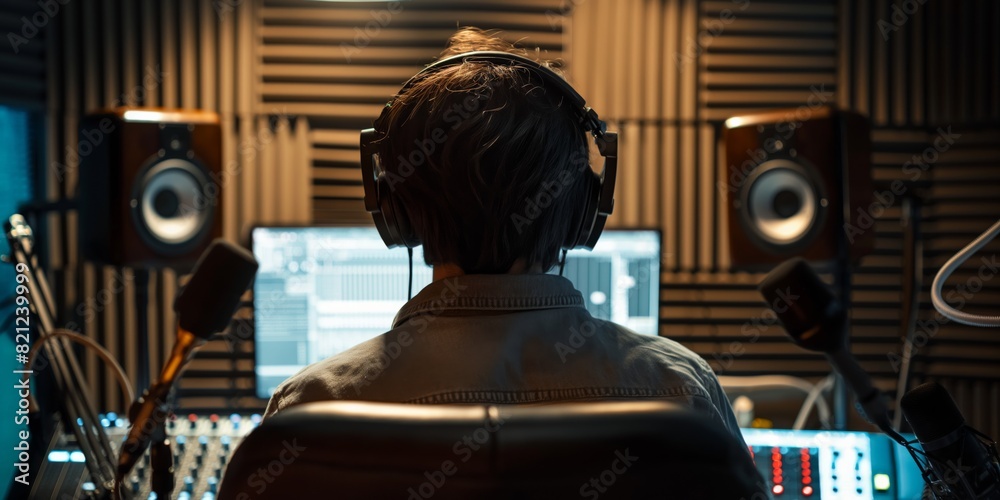 Naklejka premium View from behind of a music producer with headphones working at a sound mixer in a recording studio