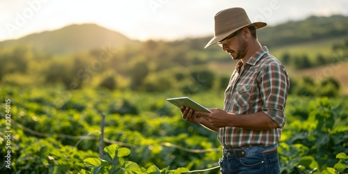Farmer using a tablet amidst vineyard rows at golden hour, representing modern agriculture photo