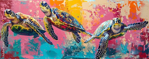 Sea turtles swimming in abstract patterns, pastel colors, pop art, bold lines