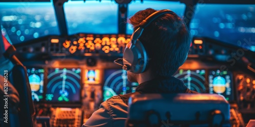 A focused pilot wearing headphones managing the aircraft controls within a brightly lit cockpit during night-time flight photo
