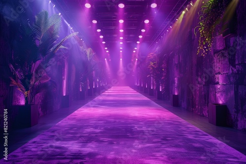 A long hallway with purple lights and plants. Fashion show catwalk or podium stage