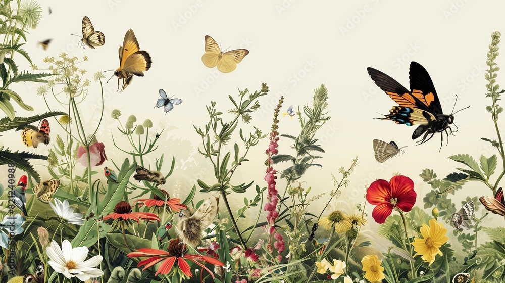 A diverse array of pollinators, such as bees, butterflies, and birds, visiting a variety of flowering plants, emphasizing the crucial role of pollination in ecosystems.