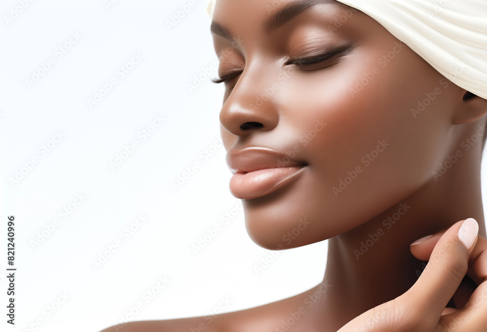 close up profile of Beautiful african woman with perfect smooth skin for cosmetics and makeup products on white background close up profile of Beautiful african woman with perfect smooth skin for cosmetics and makeup products on white background