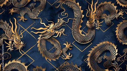 a sophisticated, seamless geometrical animal pattern featuring the silhouettes of majestic, fantastic dragons, drawing inspiration from ancient Chinese ethnic motifs.