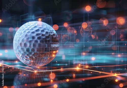A modern digital art piece featuring a 3D golf ball with a wireframe and digital grid, blurred lines, and abstract composition.