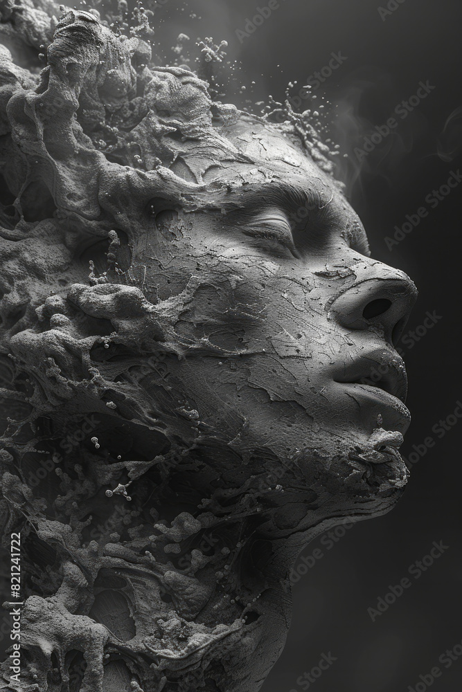 A head with hair flowing like a river of molten metal, representing the forging of new ideas and the strength of creative force, A head with hair flowing like a river of molten metal, representing the forging of new ideas and the strength of creative force,