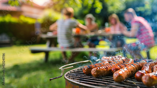 Barbecue sausages on the table in the garden, blurred people and barbecue in the background. Summer picnic with sausage or smokehouse grilling food photo