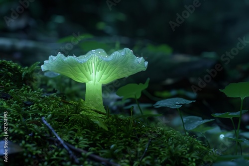 A closeup, photorealistic, highresolution photograph of a single glowing ghost mushroom, its soft green bioluminescence standing out against the dark, moist forest floor