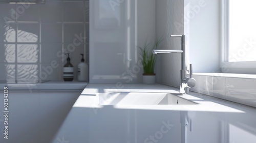 side of the white counter  showing the integration of the sink and faucet into the overall design. generative ai