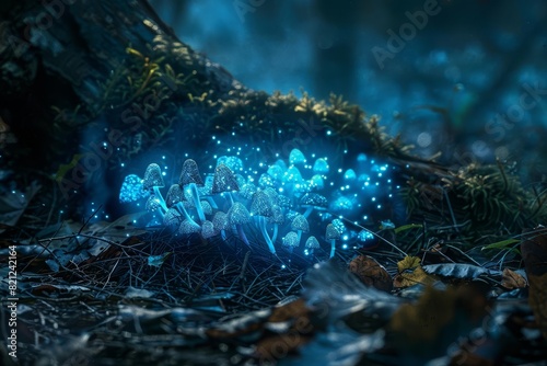 A detailed  photorealistic  highresolution shot of a cluster of bioluminescent fungi glowing in a dark forest  their eerie light creating a mystical atmosphere