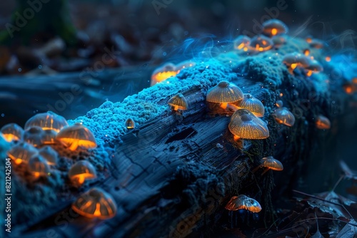 A macro, photorealistic, highresolution shot of bioluminescent Panellus stipticus mushrooms growing on a decaying log, the soft light revealing the textures of the log and fungi