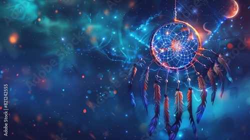 A dream catcher illustration that includes elements of the night sky, such as stars and the moon, enhancing the dreamy and mystical aura of the design. photo