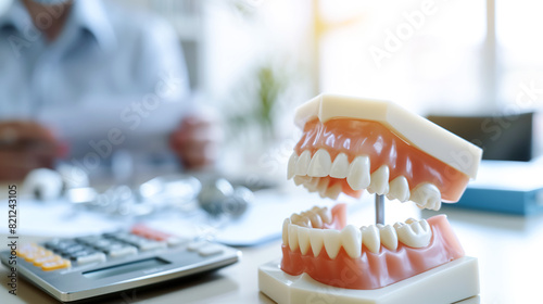 Close-up of a model of upper and lower human teeth, which is used in dental consultations, in the background there is a calculator and a person who calculates the cost for dental services, insurance
