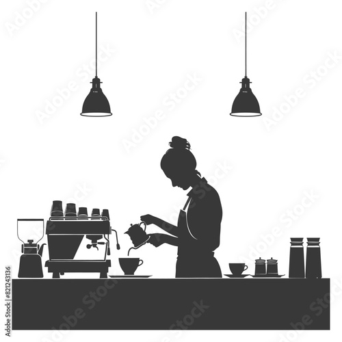 Silhouette barista in action in coffee shop full body black color only