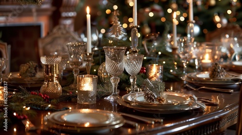A festive holiday table setting with shimmering tableware, elegant centerpieces, and twinkling candles, ready for a memorable Christmas gathering with family and friends.