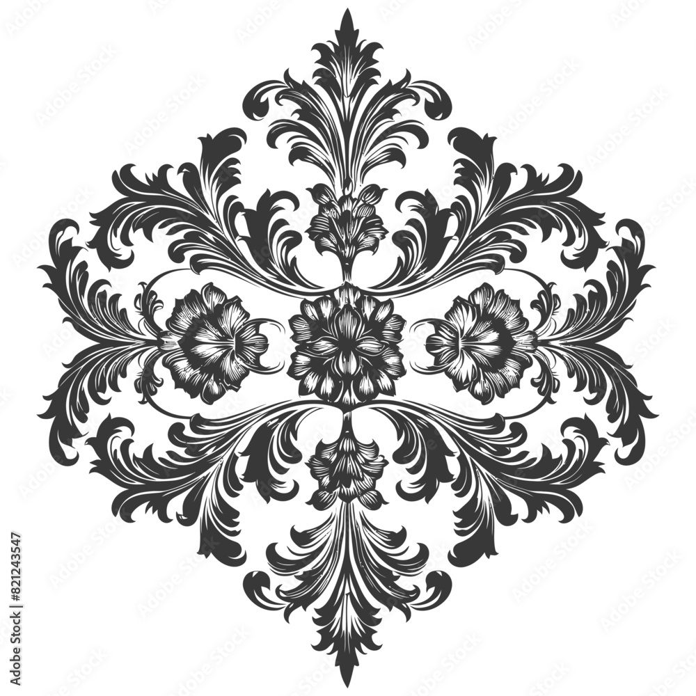 Silhouette Baroque ornament with filigree floral element black color only