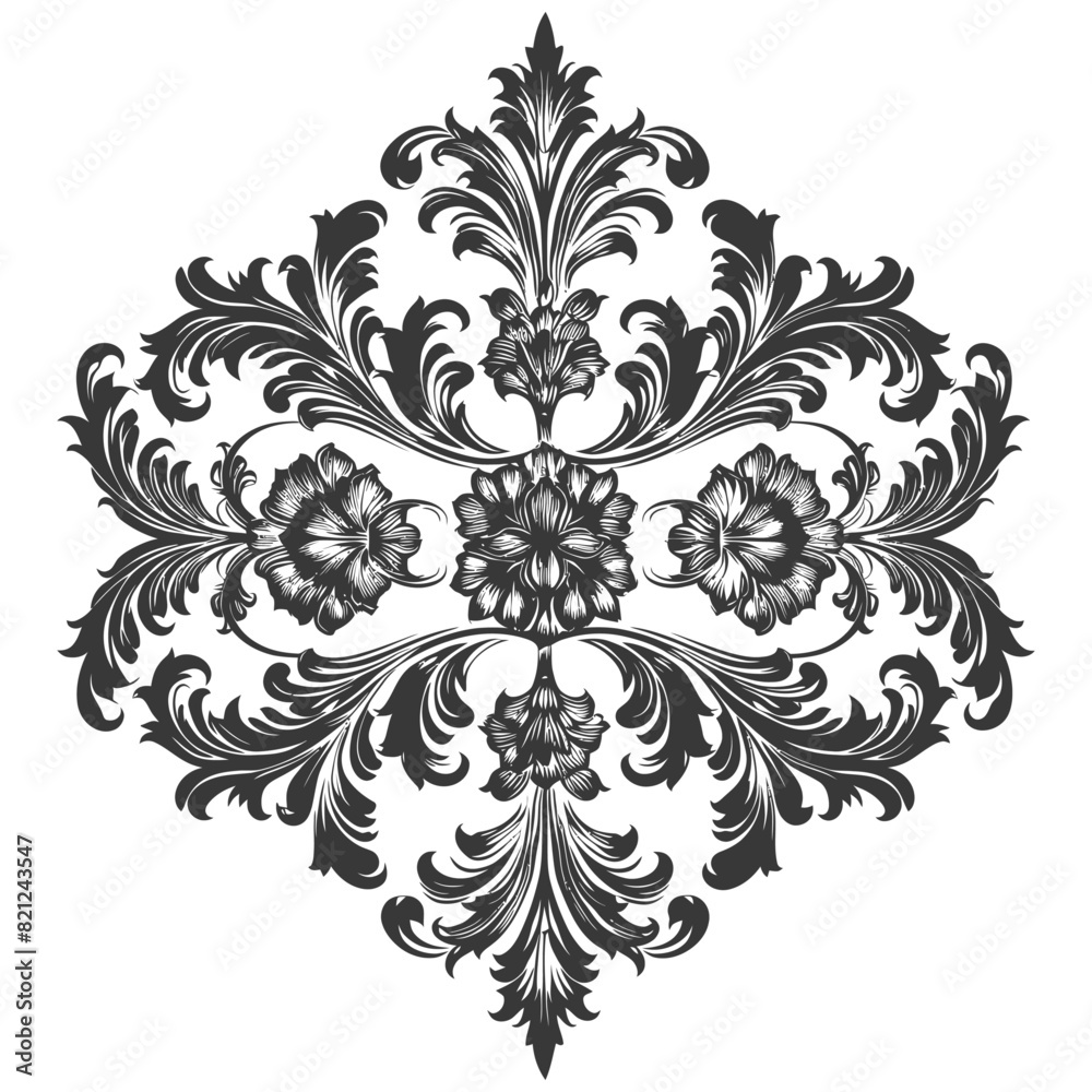Silhouette Baroque ornament with filigree floral element black color only Silhouette Baroque ornament with filigree floral element black color only