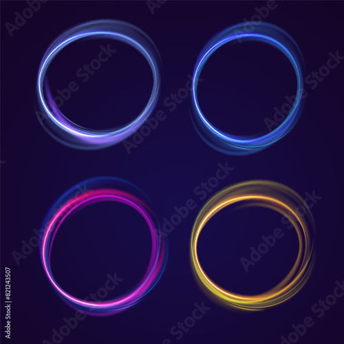 Set of neon blurry light circles at motion . Vector swirl trail effect. Abstract vector fire circles, sparkling swirls and energy light spiral frames.