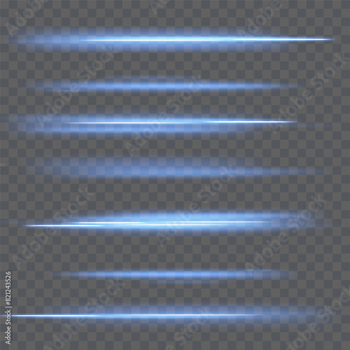 Horizontal light rays, flash blue horizontal lens flares pack, speed laser beams, glow blue line motion on transparent background, beautiful light flare, bright glare, vector illustration, eps 10