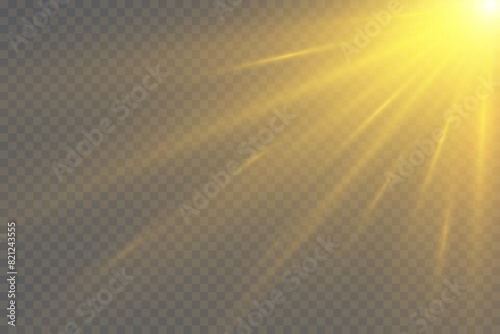 Flash gold light with rays and spotlight. Golden star burst with sparkles. Translucent shine sun, bright flare. Sunlight glowing png effect. Yellow beam sunrays on transparent background. Vector