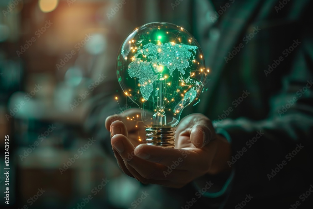 Fototapeta premium A person is holding a light bulb that is glowing green