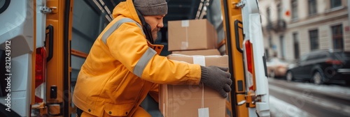 A delivery man in orange workwear unloads boxes from a van on a city street, highlighting logistics and courier services photo