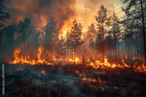 A forest fire is raging through a wooded area  with trees and brush on fire