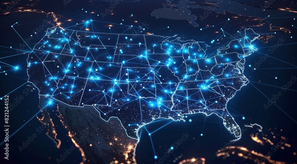 A map of the United States is lit up with blue lights A map of the United States is lit up with blue lights