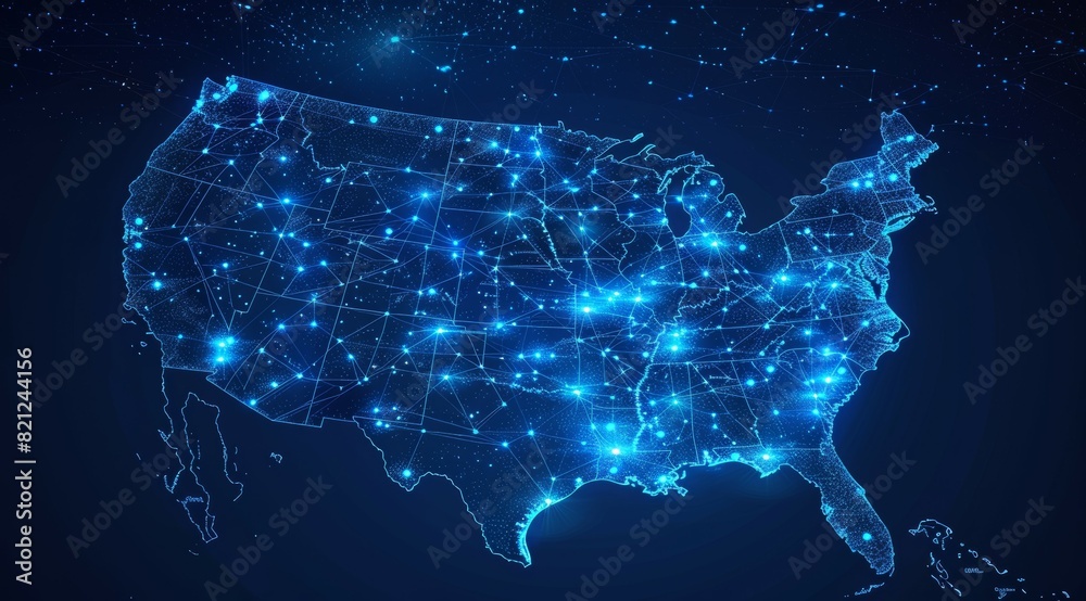 A blue and white map of the United States with lot of stars A blue and white map of the United States with lot of stars