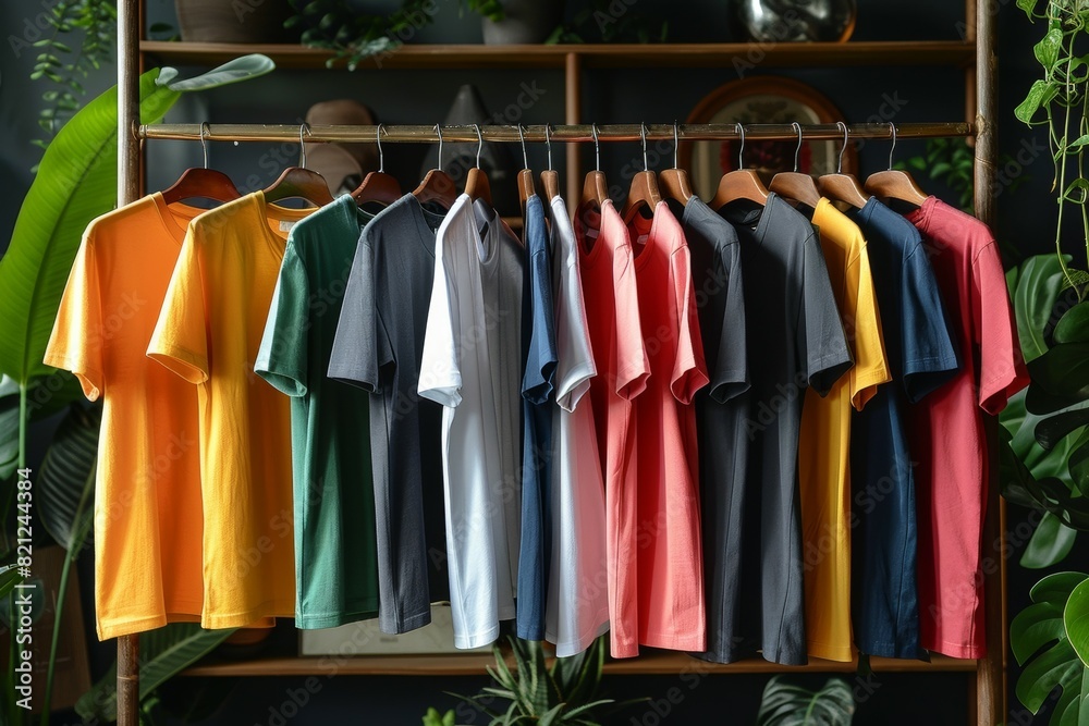A rack of shirts with a variety of colors hanging from it A rack of shirts with a variety of colors hanging from it