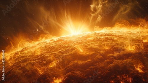 A solar flare, the sun's surface erupting in vibrant orange and yellow hues as it radiates intense heat and light. The surrounding space is dark with stars visible against its bright glow.  photo