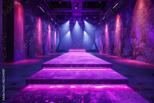 A long, narrow room with purple walls and a purple carpet. Fashion show catwalk or podium stage photo