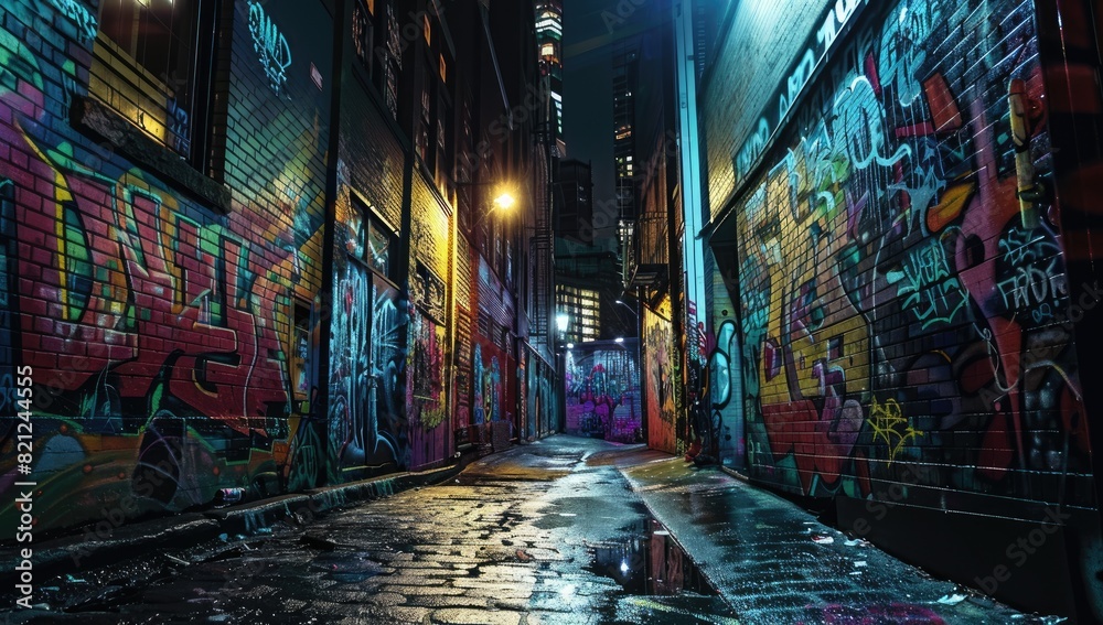 Colorful Graffiti in Urban Alley at Night Colorful Graffiti in Urban Alley at Night