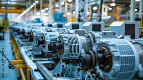 Industrial electric motors lined up on assembly line in manufacturing plant, showcasing industrial equipment and production.