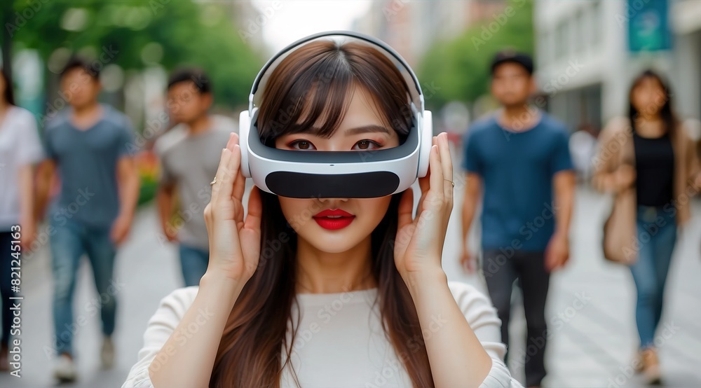 Beautiful attractive asian woman model in vr glasses standing on street Beautiful attractive asian woman model in vr glasses standing on street