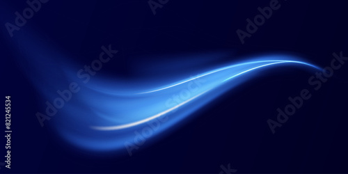 Blue wind waves effect. Abstract light motion trails with sparkles isolated on black background. Light blue Twirl. Curve light effect of blue line. Luminous blue circle.