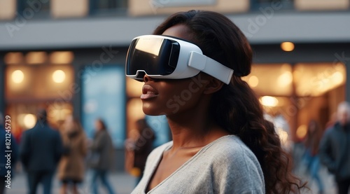 Beautiful attractive black woman model in vr glasses standing on street