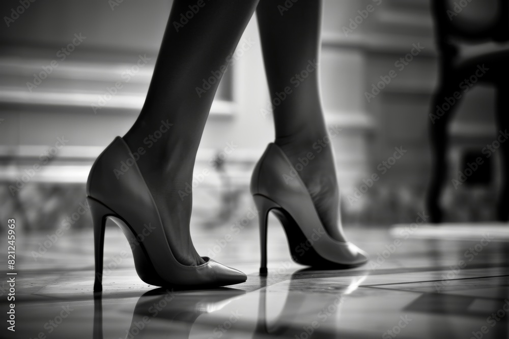 Close-up of elegant high heels on polished floor in stylish setting Close-up of elegant high heels on polished floor in stylish setting