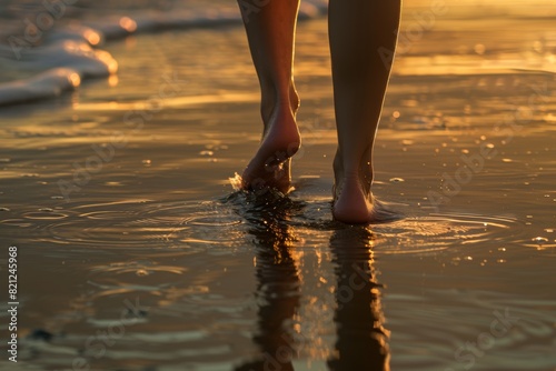 Barefoot person walking on the beach during sunset with feet in water reflecting golden hues