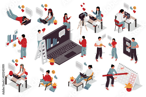 Business 3d isometric mega set. Collection flat isometry elements of people works at office, freelance workplace with laptops, teamwork meeting, employee deadline organization. Vector illustration.